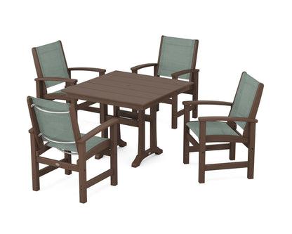 POLYWOOD® Coastal 5-Piece Farmhouse Dining Set With Trestle Legs in Mahogany / Dupioni Sea Mist Sling