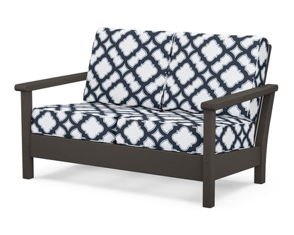 POLYWOOD® Harbour Deep Seating Loveseat in Vintage Coffee / Trellis Marine Indigo
