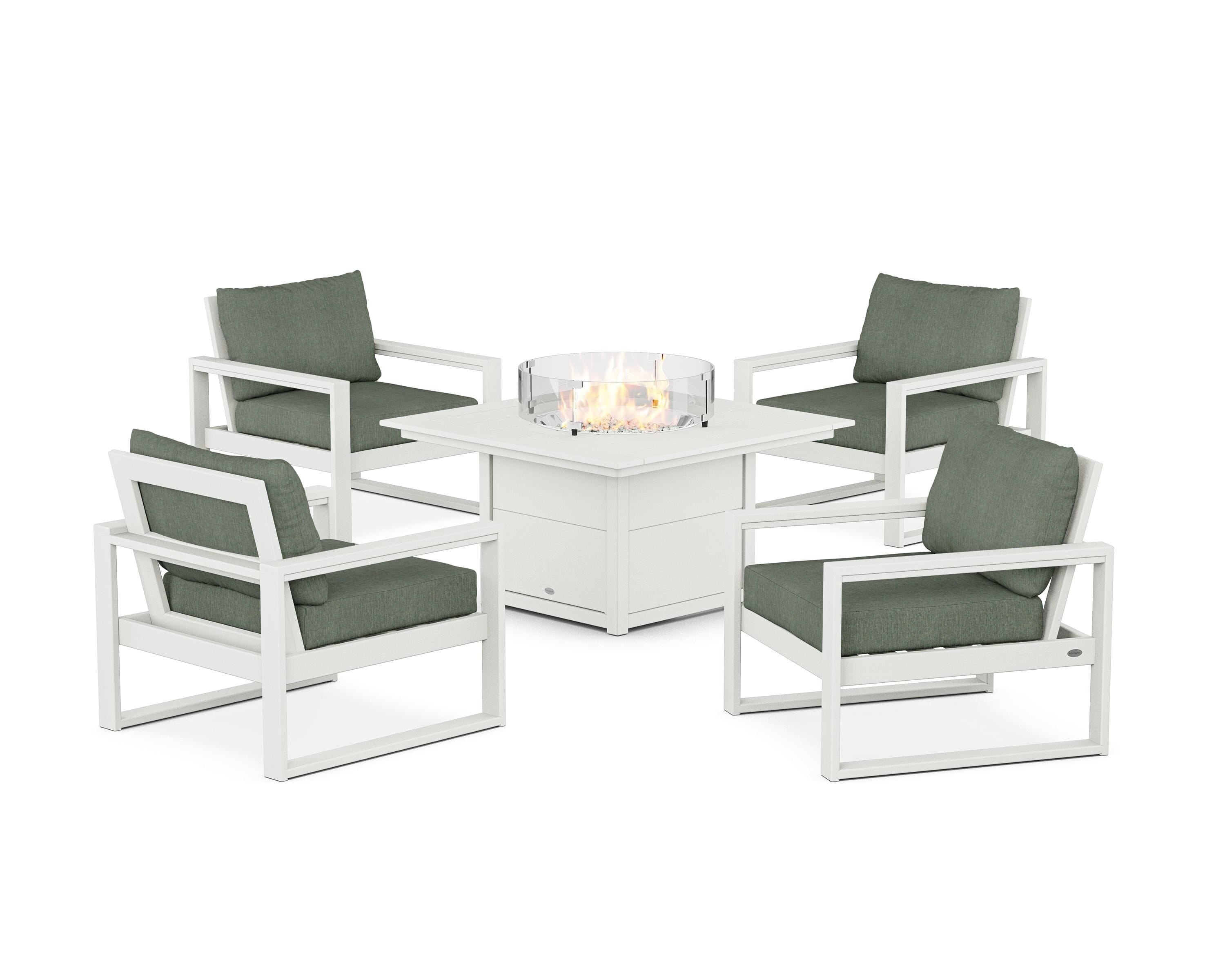 POLYWOOD® EDGE Sectional 5-Piece Deep Seating Set with Fire Pit Table in Vintage White / Cast Sage