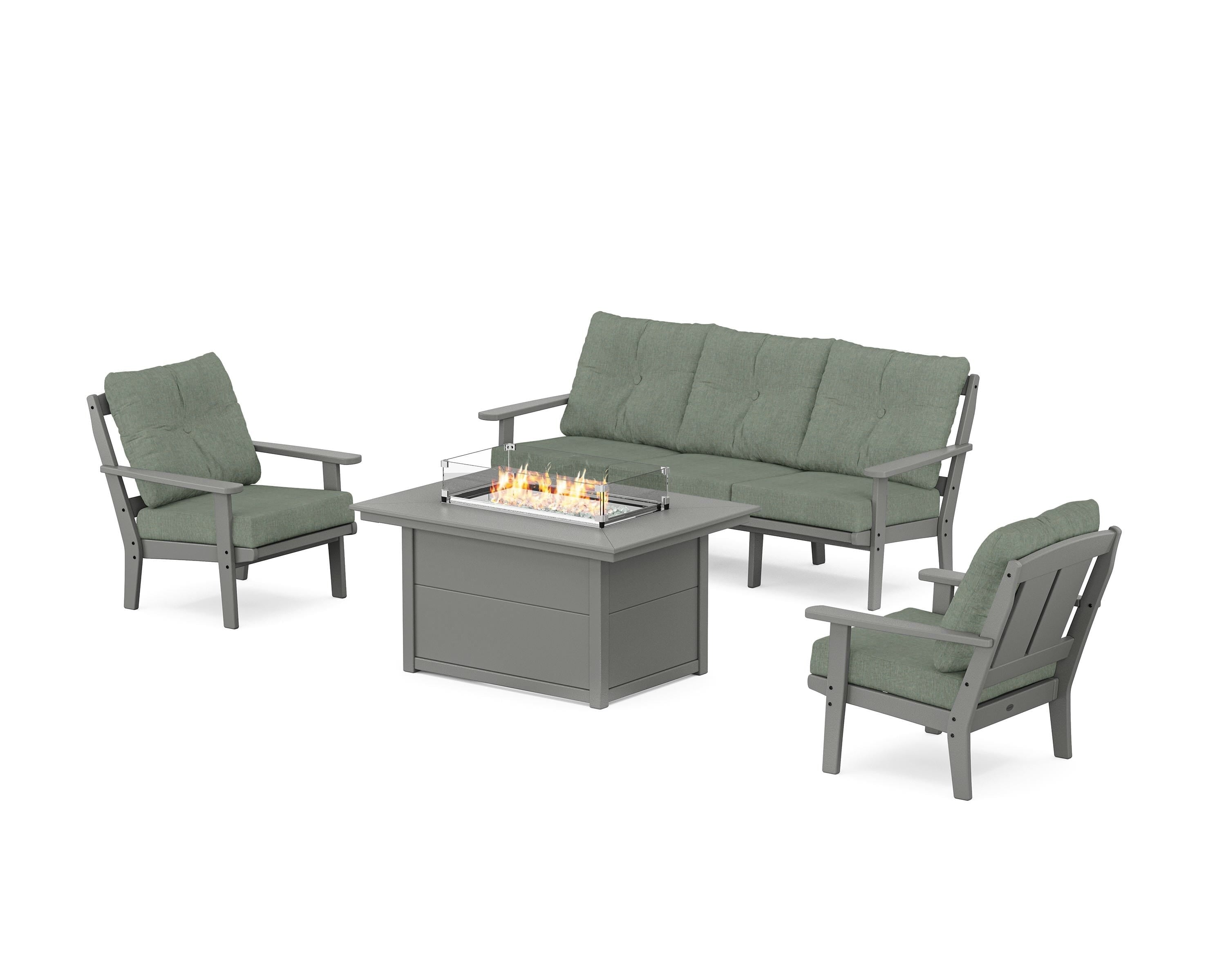 POLYWOOD® Mission Deep Seating Fire Pit Table Set in Slate Grey / Cast Sage