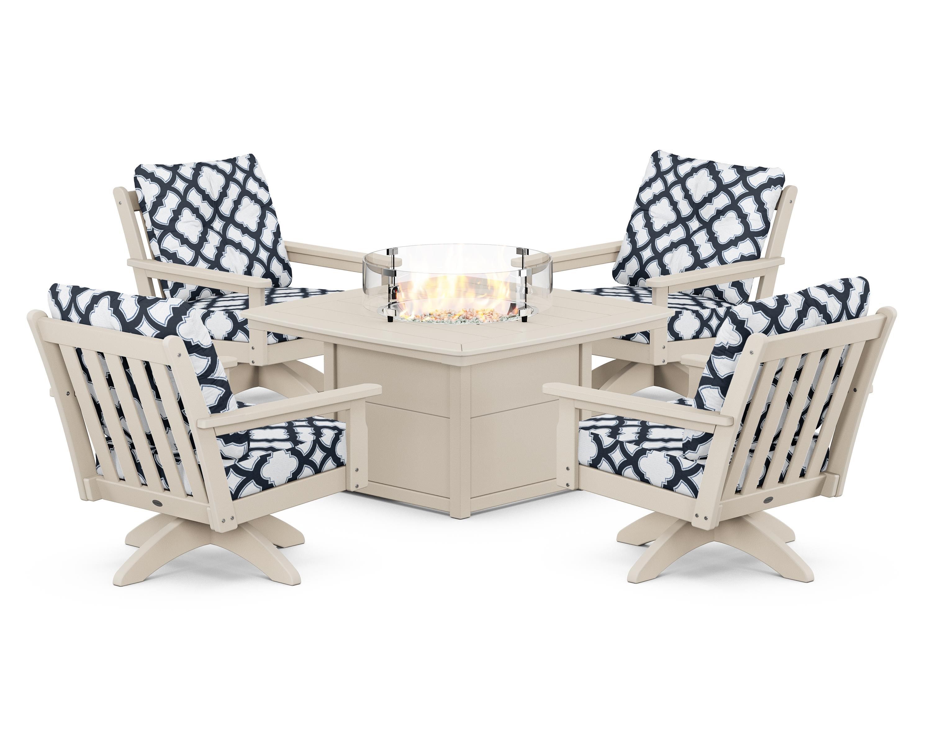 POLYWOOD® Vineyard 5-Piece Deep Seating Swivel Conversation Set with Fire Pit Table in Sand / Trellis Marine Indigo