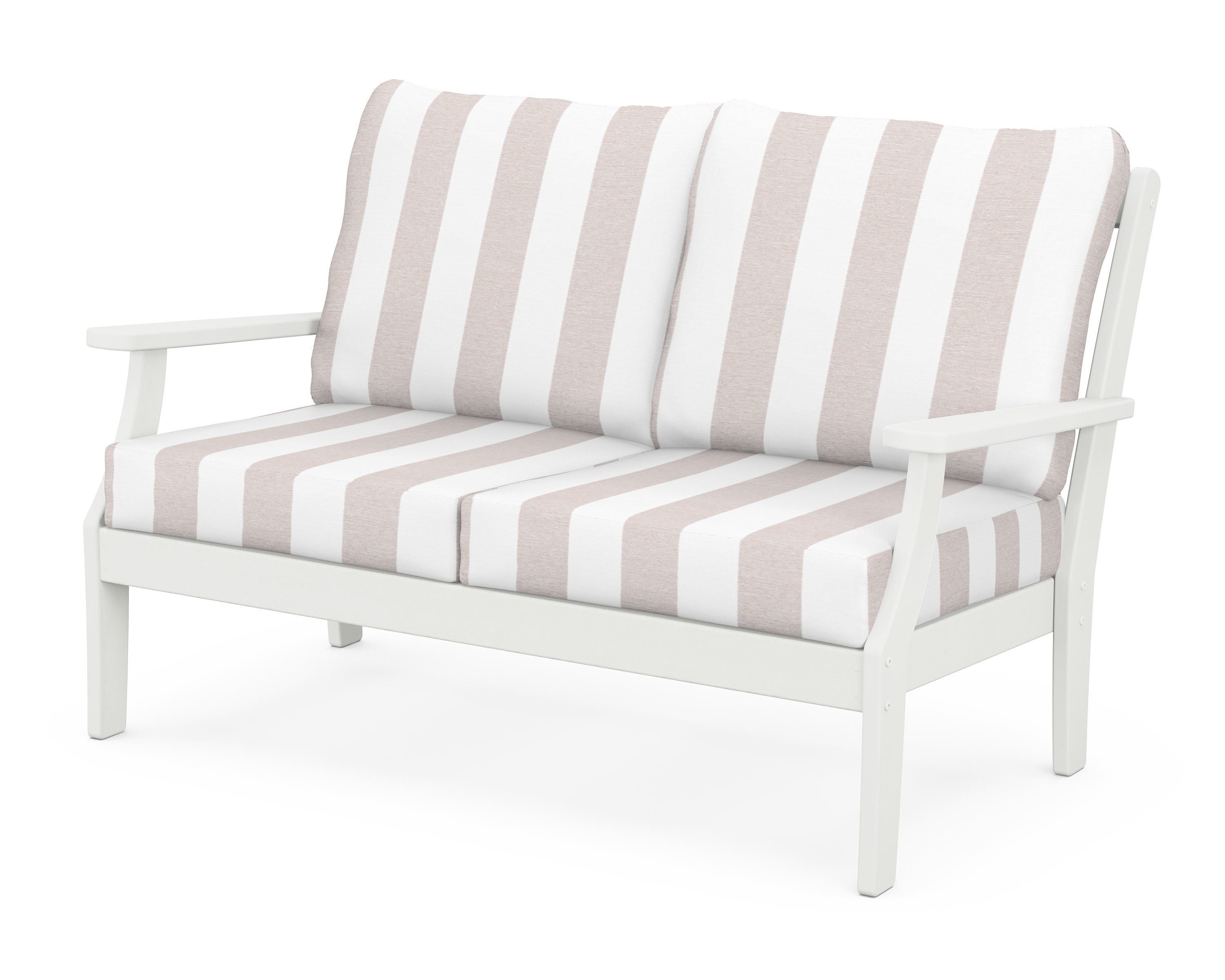 POLYWOOD® Braxton Deep Seating Loveseat in Vintage White / Cabana Stripe Dune Burlap