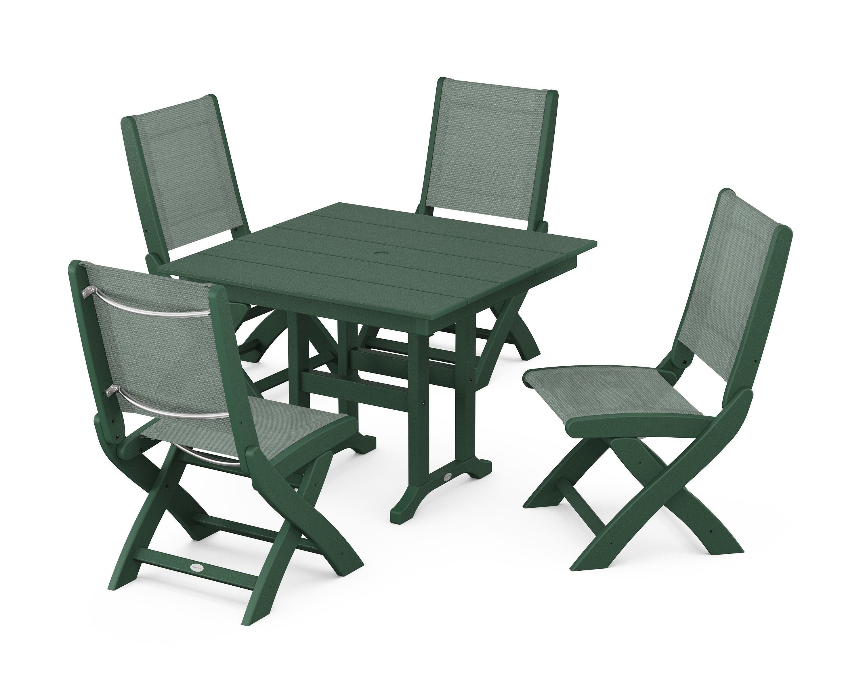 POLYWOOD® Coastal Folding Side Chair 5-Piece Farmhouse Dining Set in Green / Dupioni Sea Mist Sling