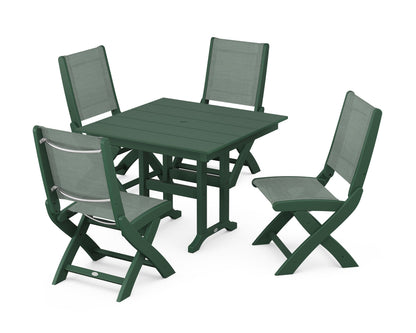 POLYWOOD® Coastal Folding Side Chair 5-Piece Farmhouse Dining Set in Green / Dupioni Sea Mist Sling