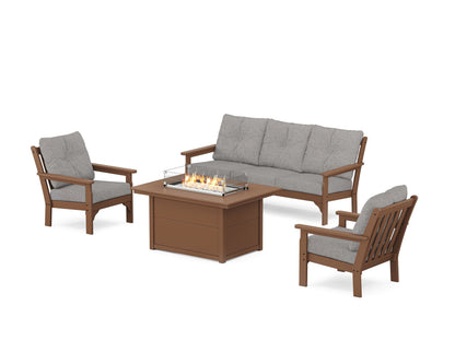 POLYWOOD® Vineyard Deep Seating Fire Pit Table Set in Teak / Grey Mist