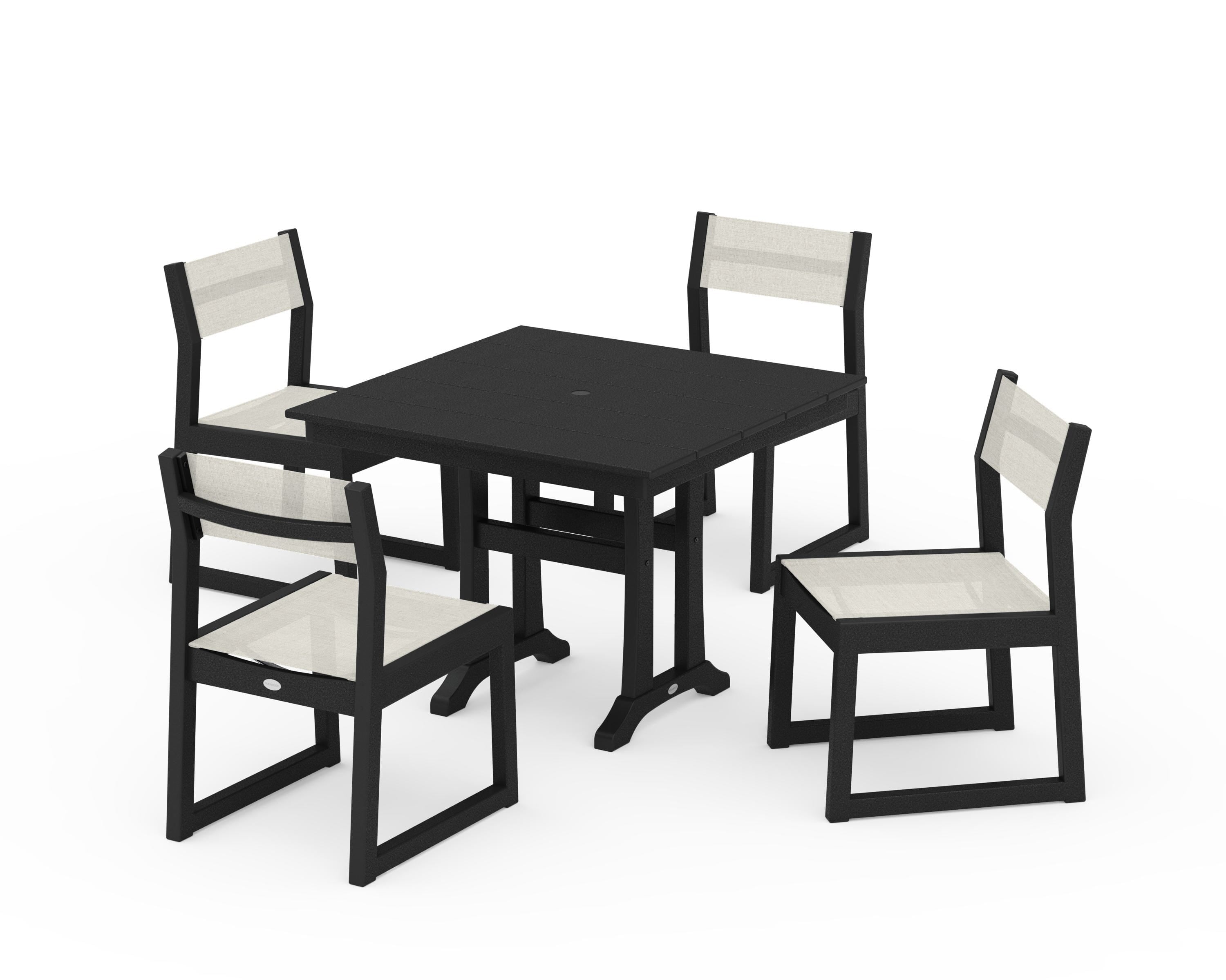 POLYWOOD® EDGE Sling 5-Piece Farmhouse Trestle Side Chair Dining Set in Black / Parchment Sling