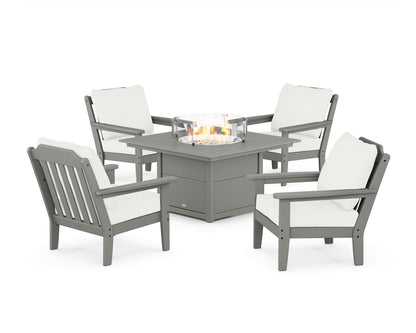 Country Living Cottage 5-Piece Deep Seating Set with Fire Pit Table in Slate Grey / Natural Linen