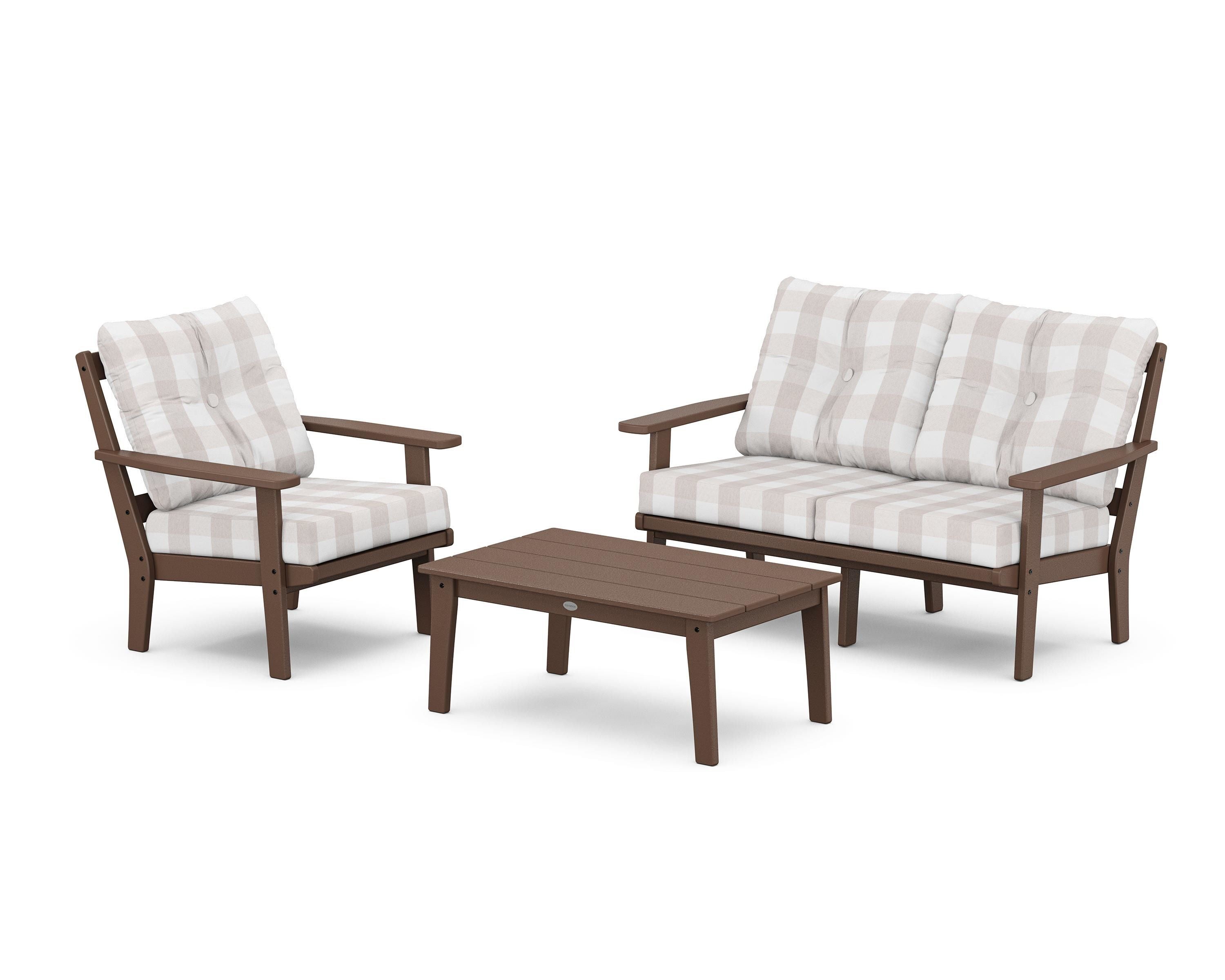 POLYWOOD® Oxford 3-Piece Deep Seating Set with Loveseat in Mahogany / Buffalo Plaid Dune Burlap
