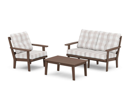 POLYWOOD® Oxford 3-Piece Deep Seating Set with Loveseat in Mahogany / Buffalo Plaid Dune Burlap