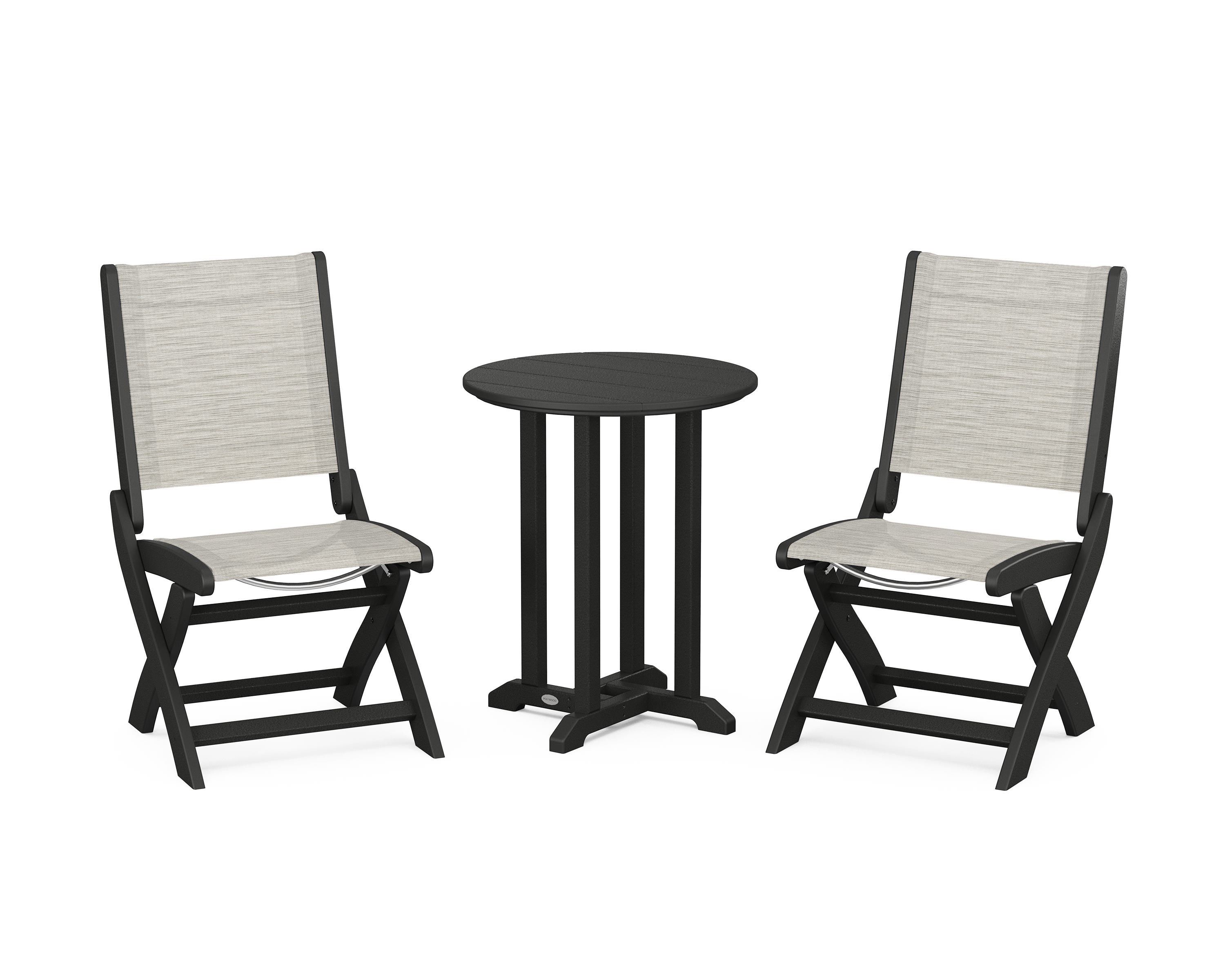 POLYWOOD® Coastal Folding Side Chair 3-Piece Round Bistro Dining Set in Black / Birch Sling