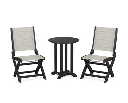 POLYWOOD® Coastal Folding Side Chair 3-Piece Round Bistro Dining Set in Black / Birch Sling