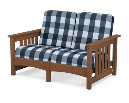 POLYWOOD® Club Mission Loveseat in Teak / Buffalo Plaid Marine Indigo