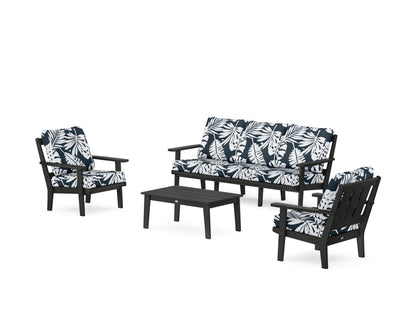 POLYWOOD® Oxford 4-Piece Deep Seating Set with Sofa in Black / Leaf Marine Indigo