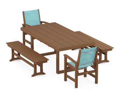 POLYWOOD® Coastal 5-Piece Dining Set with Trestle Legs in Teak / Dupioni Aquamarine Sling
