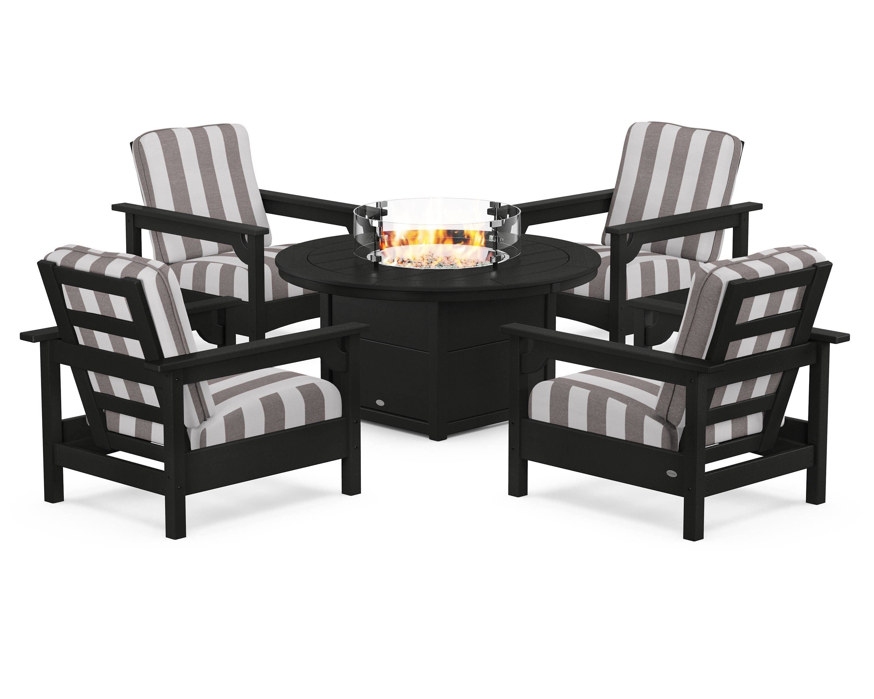 POLYWOOD® Club 5-Piece Conversation Set with Fire Pit Table in Black / Cabana Stripe Grey Mist