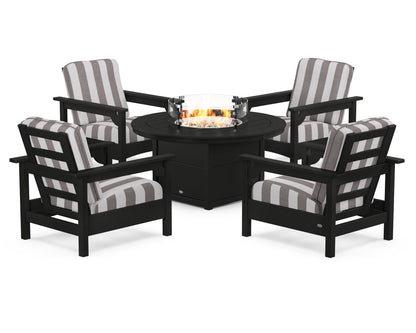 POLYWOOD® Club 5-Piece Conversation Set with Fire Pit Table in Black / Cabana Stripe Grey Mist