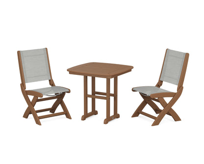 POLYWOOD® Coastal Folding Side Chair 3-Piece Dining Set in Teak / Metallic Sling