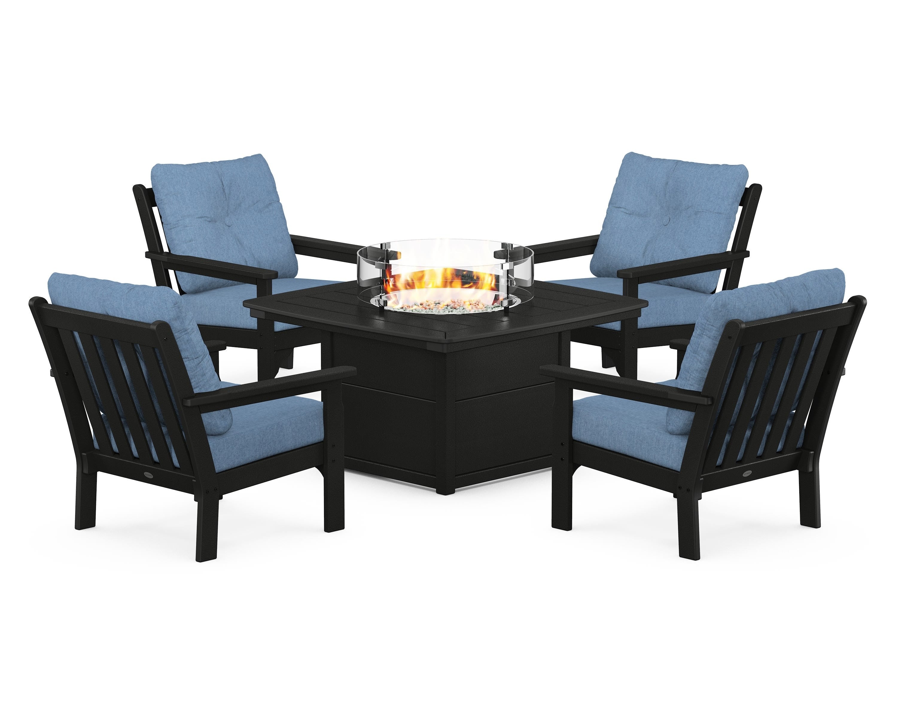 POLYWOOD® Vineyard 5-Piece Conversation Set with Fire Pit Table in Black / Sky Blue