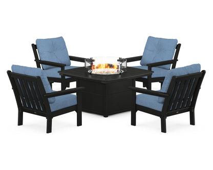 POLYWOOD® Vineyard 5-Piece Conversation Set with Fire Pit Table in Black / Sky Blue