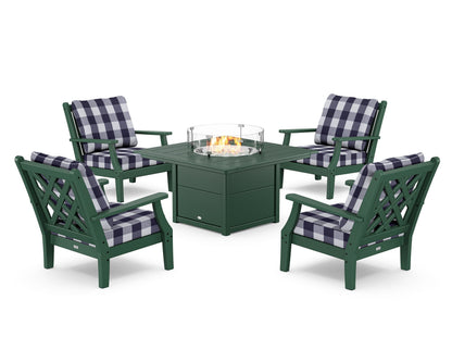 Country Living Wovendale 5-Piece Deep Seating Set with Fire Pit Table in Green / Buffalo Plaid Navy