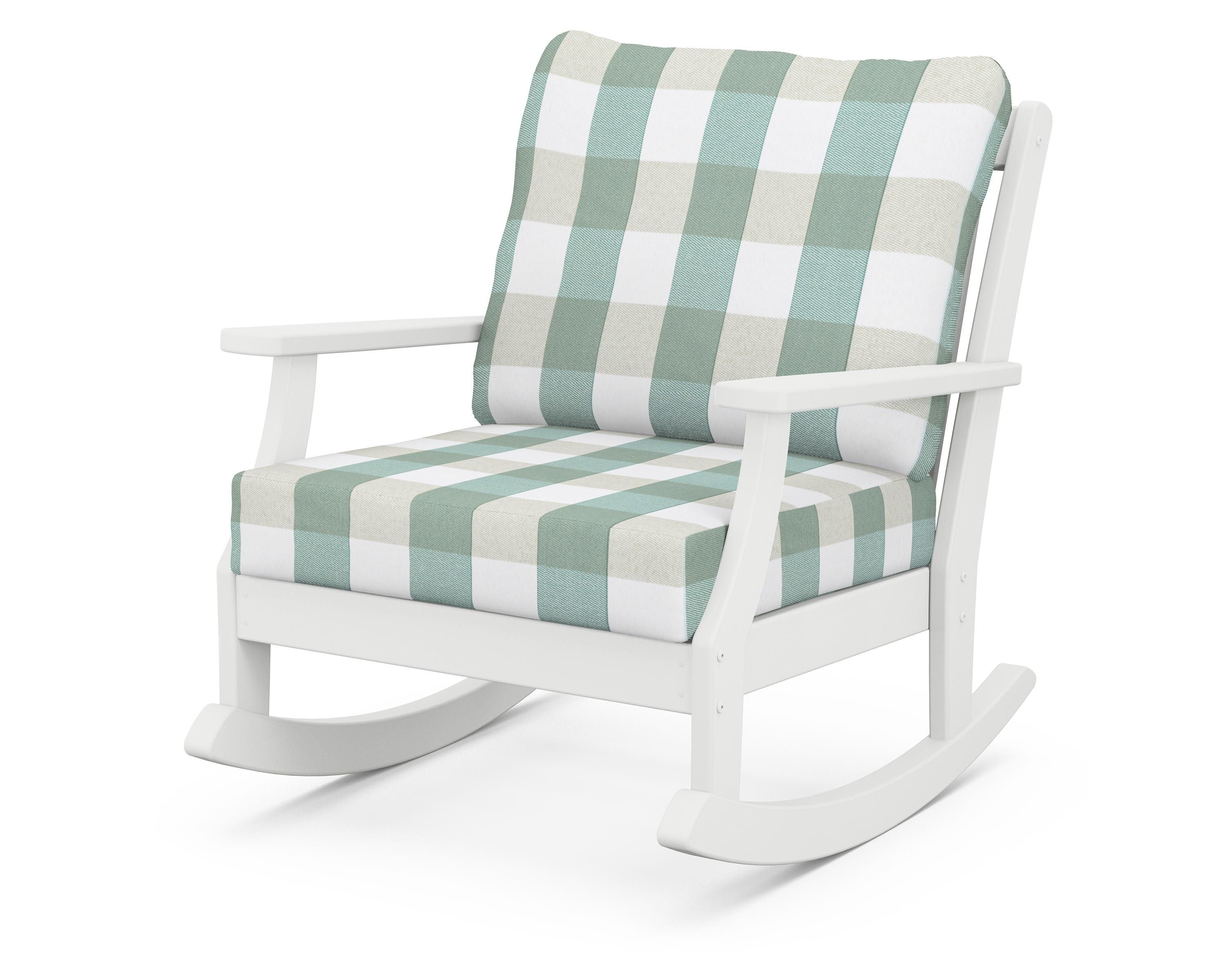 POLYWOOD® Braxton Deep Seating Rocking Chair in White / Buffalo Plaid Glacier Spa