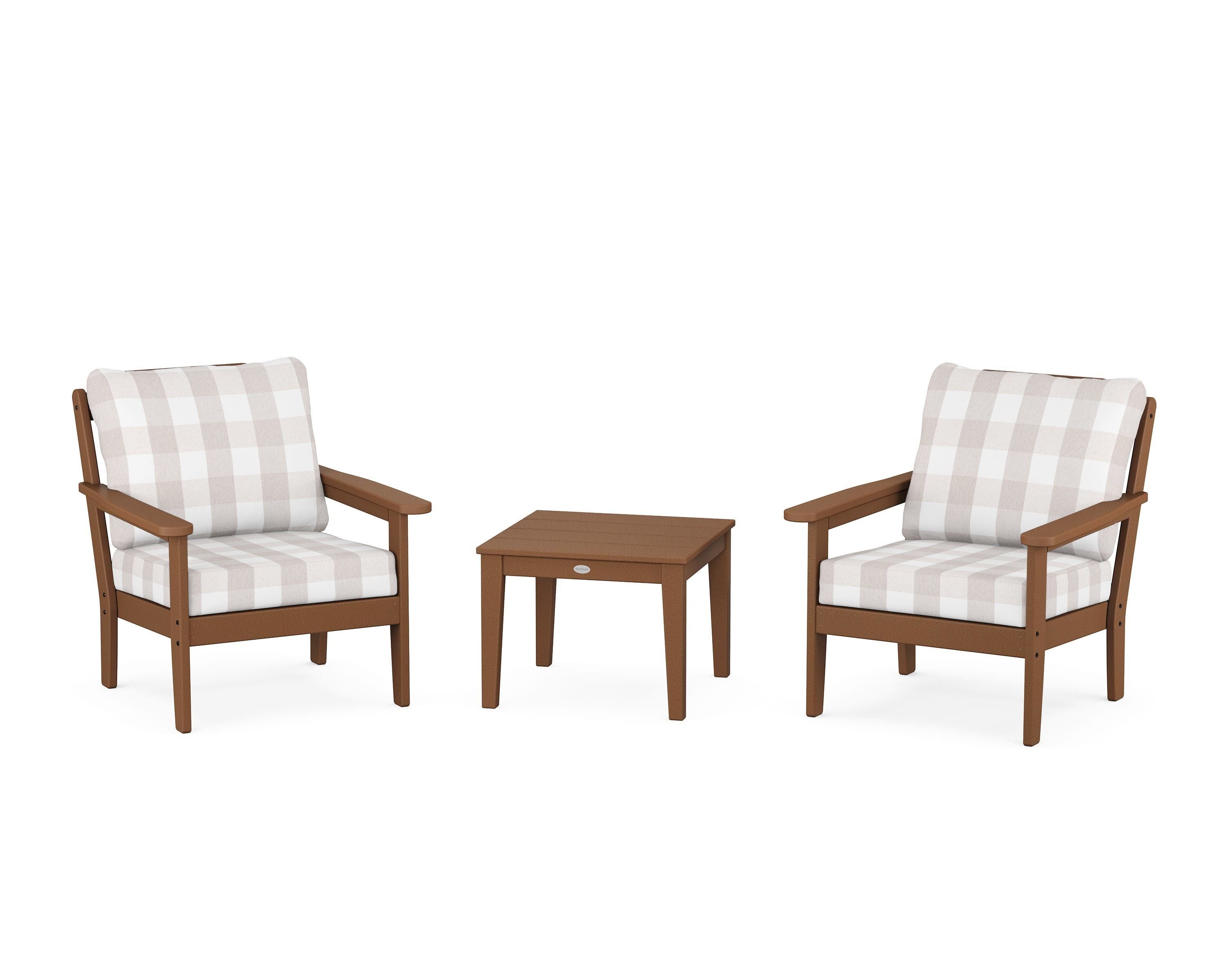 Country Living Cottage 3-Piece Deep Seating Set in Teak / Buffalo Plaid Dune Burlap