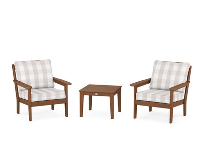 Country Living Cottage 3-Piece Deep Seating Set in Teak / Buffalo Plaid Dune Burlap