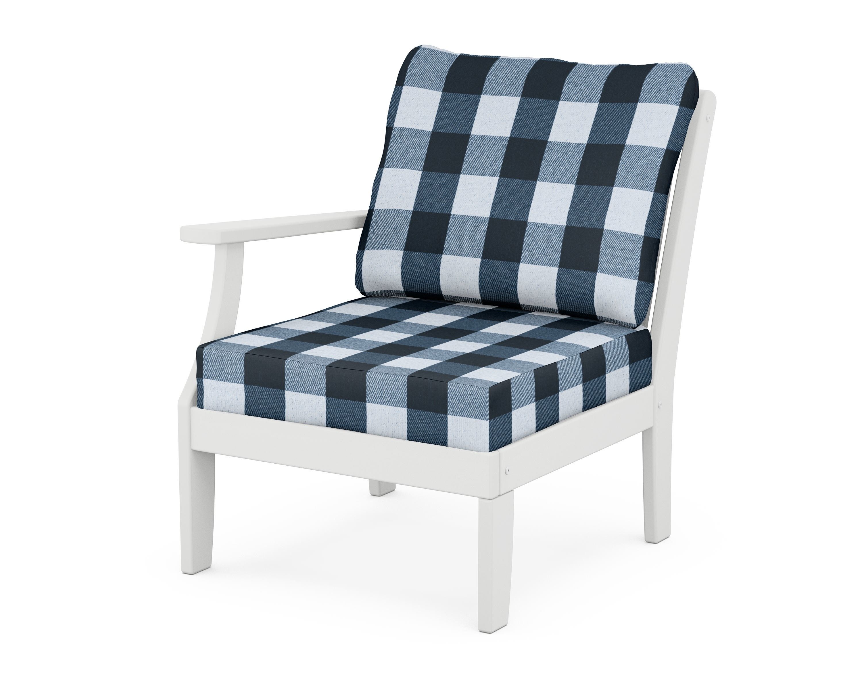 POLYWOOD® Braxton Modular Left Arm Chair in White / Buffalo Plaid Marine Indigo