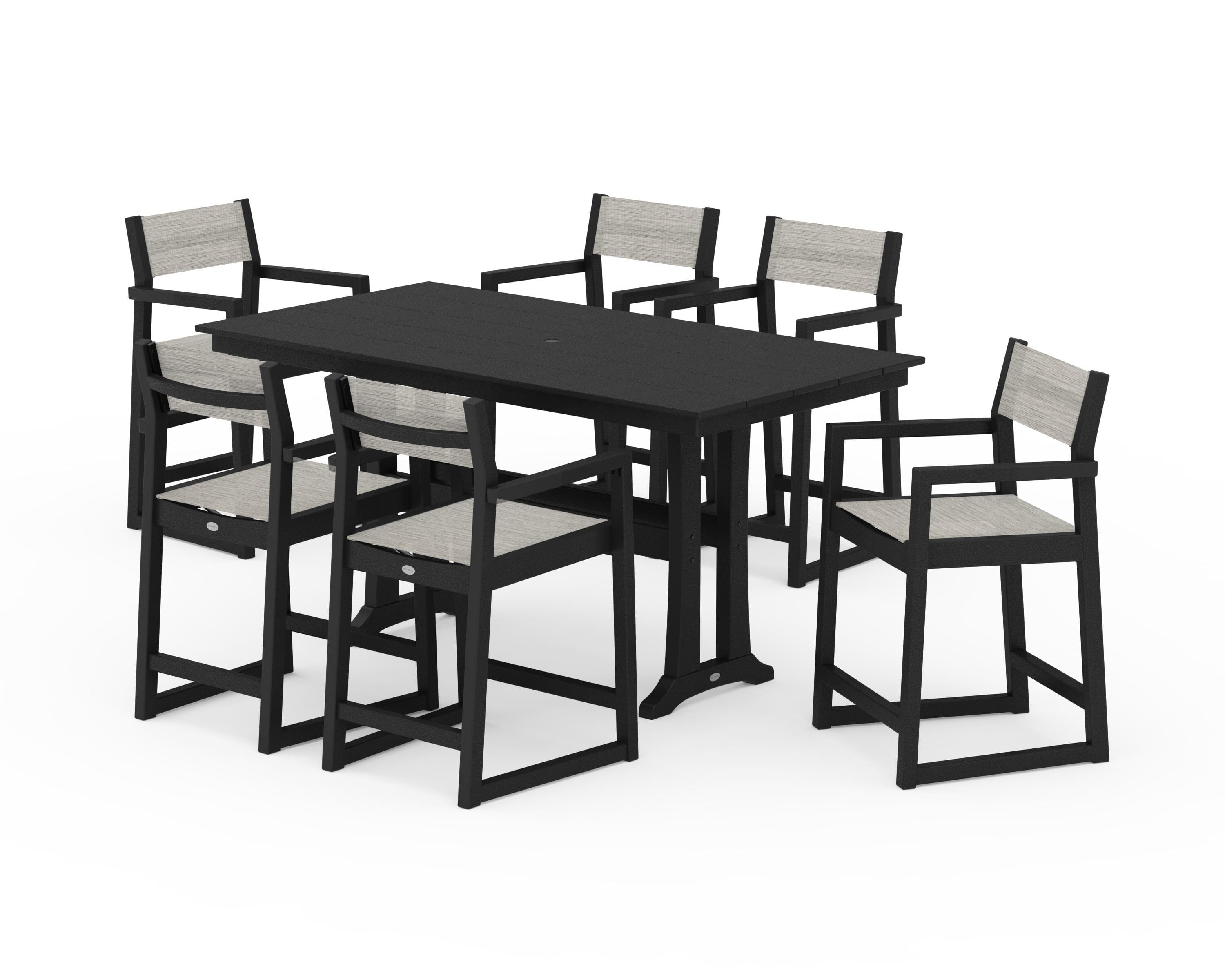 POLYWOOD® EDGE Sling Arm Chair 7-Piece Farmhouse Counter Set with Trestle Legs in Black / Birch Sling