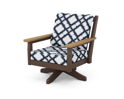 POLYWOOD® Chippendale Deep Seating Swivel Chair in Mahogany / Natural / Trellis Marine Indigo