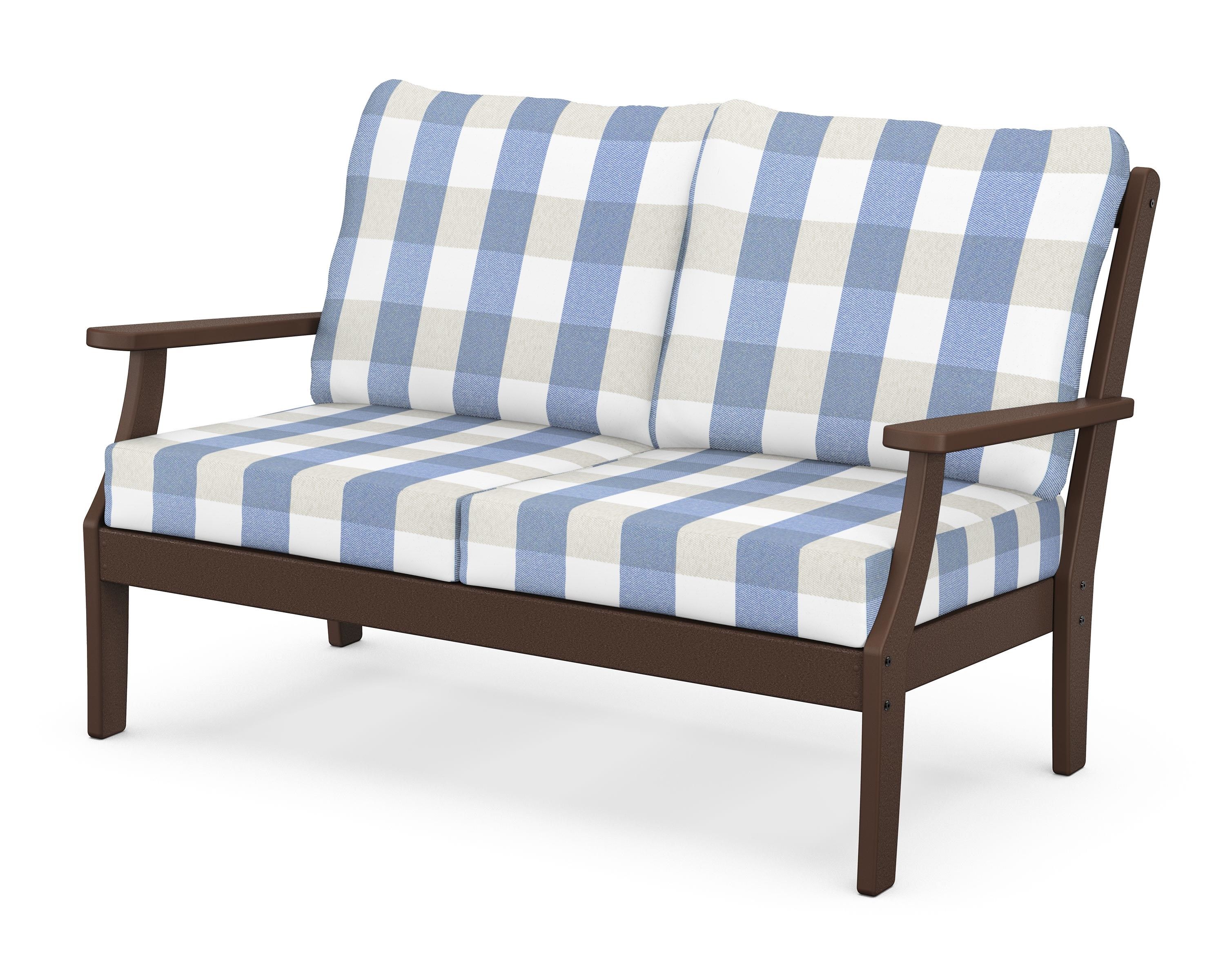 POLYWOOD® Braxton Deep Seating Loveseat in Mahogany / Buffalo Plaid Sky Blue