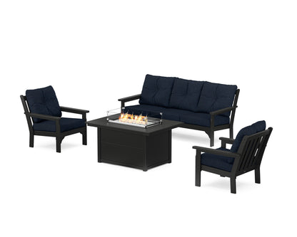 POLYWOOD® Vineyard Deep Seating Fire Pit Table Set in Black / Marine Indigo