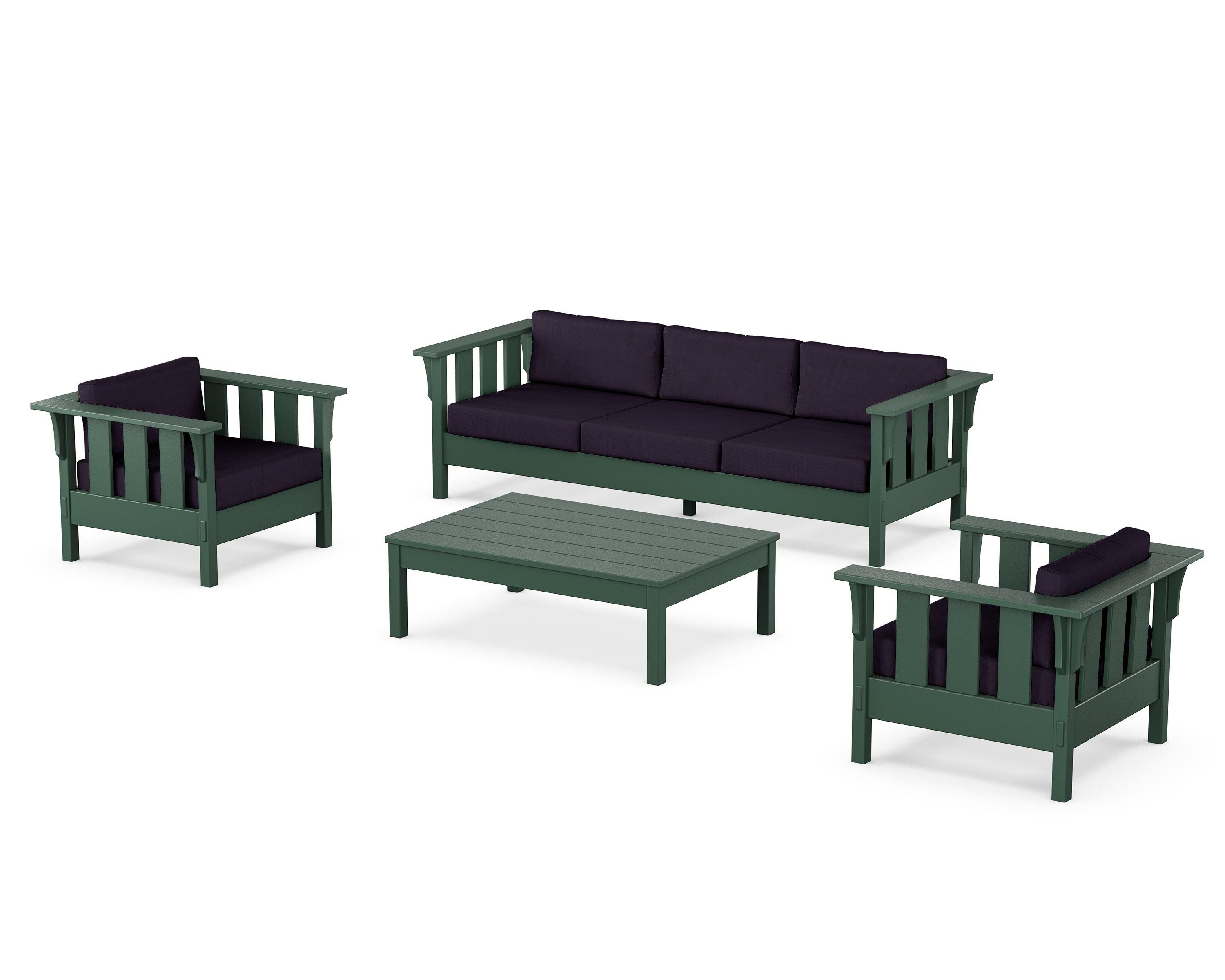 Martha Stewart by POLYWOOD® Acadia 4-Piece Deep Seating Set with Sofa in Green / Navy Linen