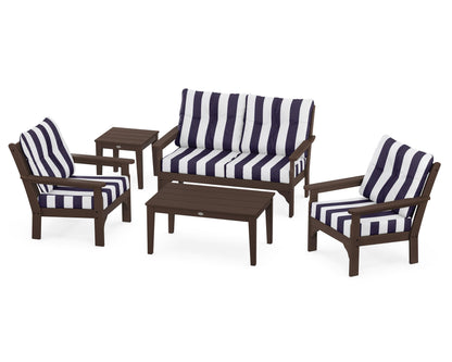 POLYWOOD® Vineyard 5-Piece Deep Seating Set in Mahogany / Cabana Stripe Navy