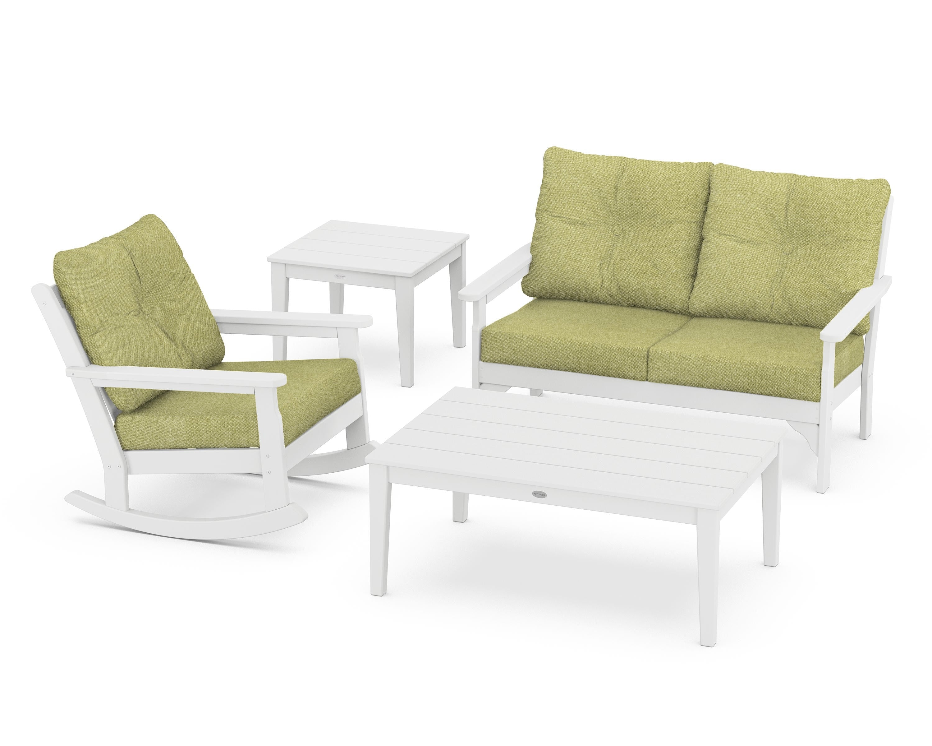 POLYWOOD® Vineyard 4-Piece Deep Seating Rocker Set in White / Chartreuse Boucle