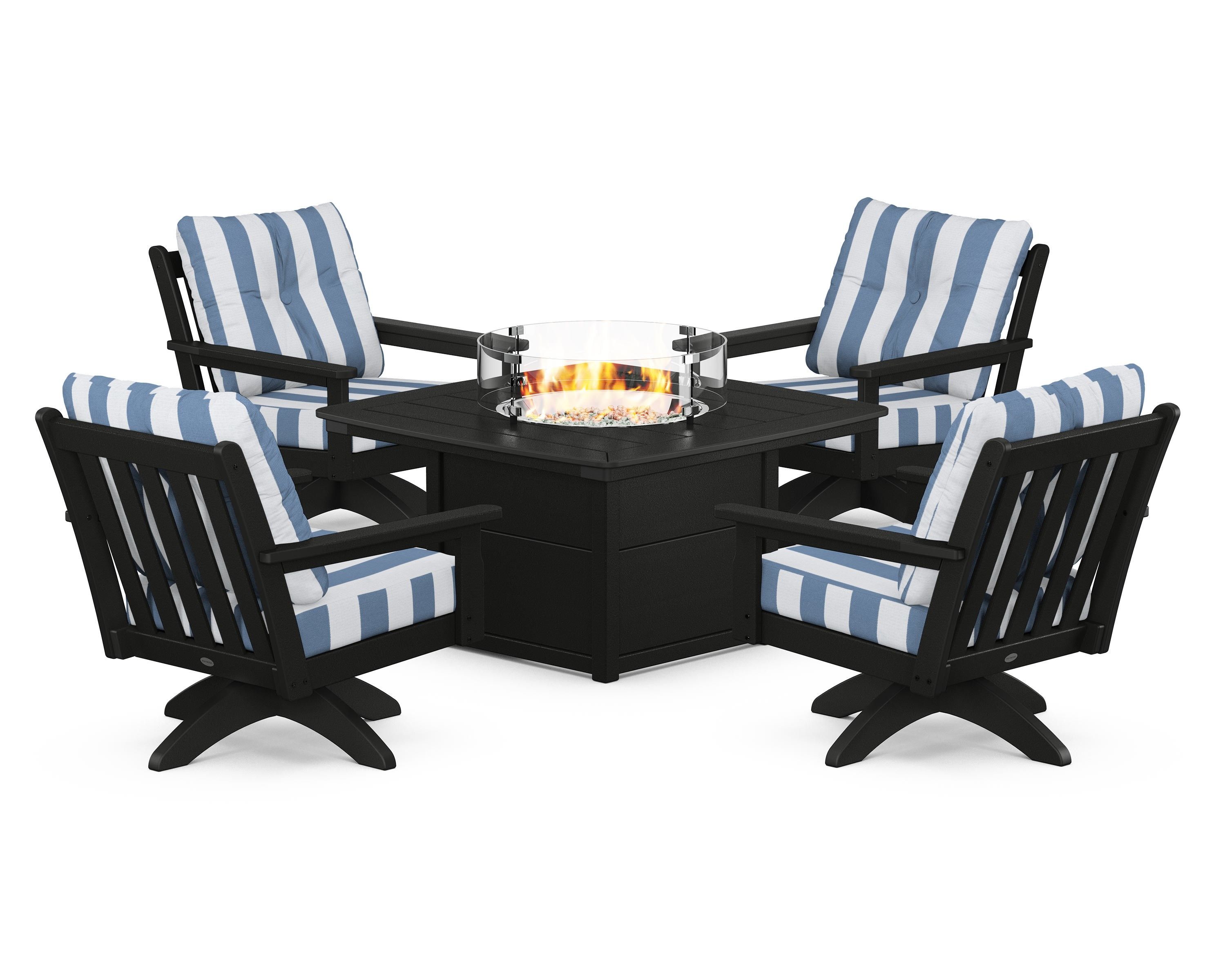 POLYWOOD® Vineyard 5-Piece Deep Seating Swivel Conversation Set with Fire Pit Table in Black / Cabana Stripe Sky Blue