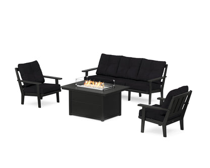 POLYWOOD® Oxford Deep Seating Fire Pit Table Set in Black / Midnight Linen