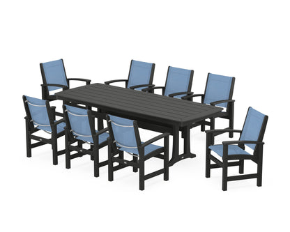 POLYWOOD® Coastal 9-Piece Dining Set with Trestle Legs in Black / Poolside Sling