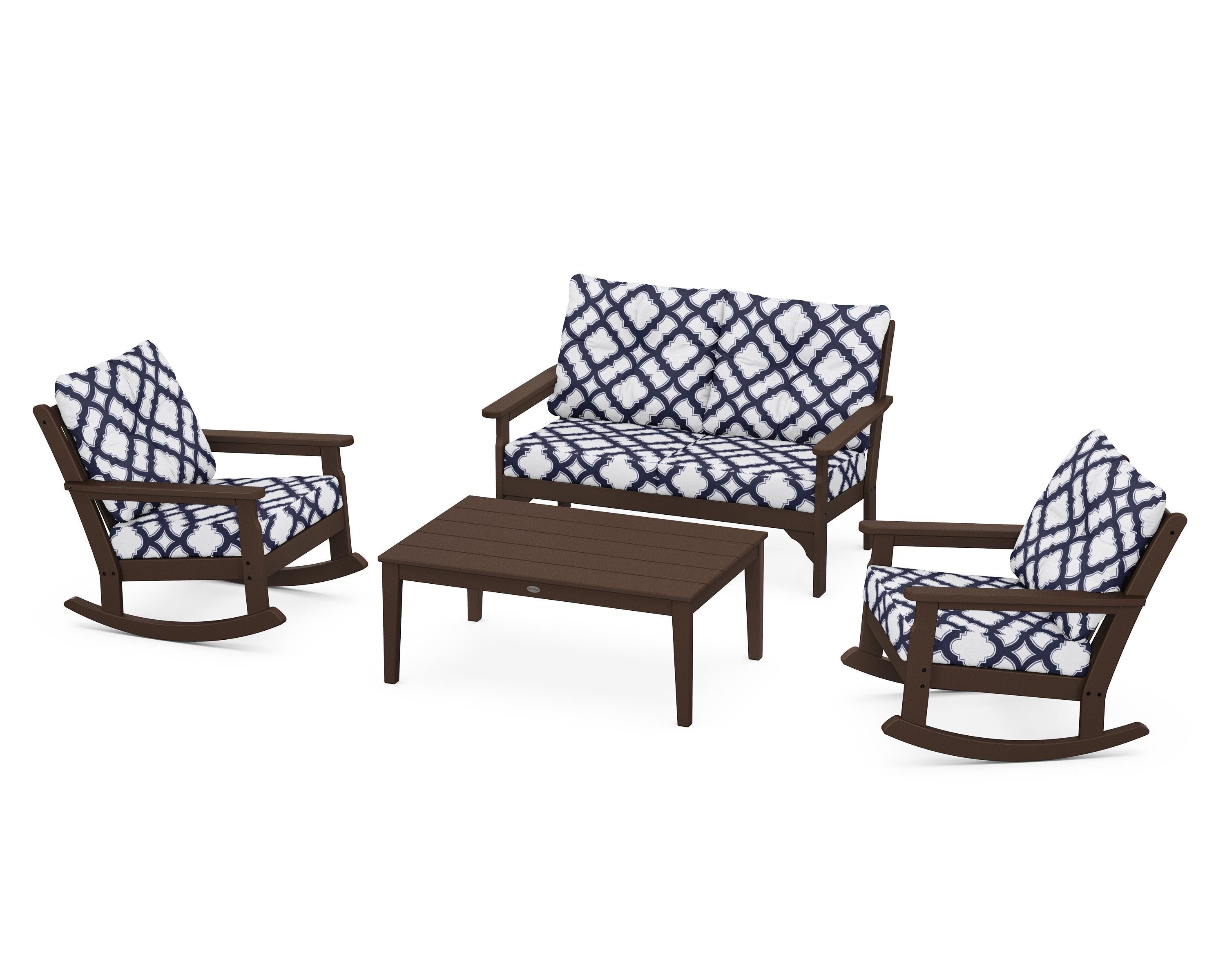 POLYWOOD® Vineyard 4-Piece Deep Seating Rocking Chair Set in Mahogany / Trellis Navy
