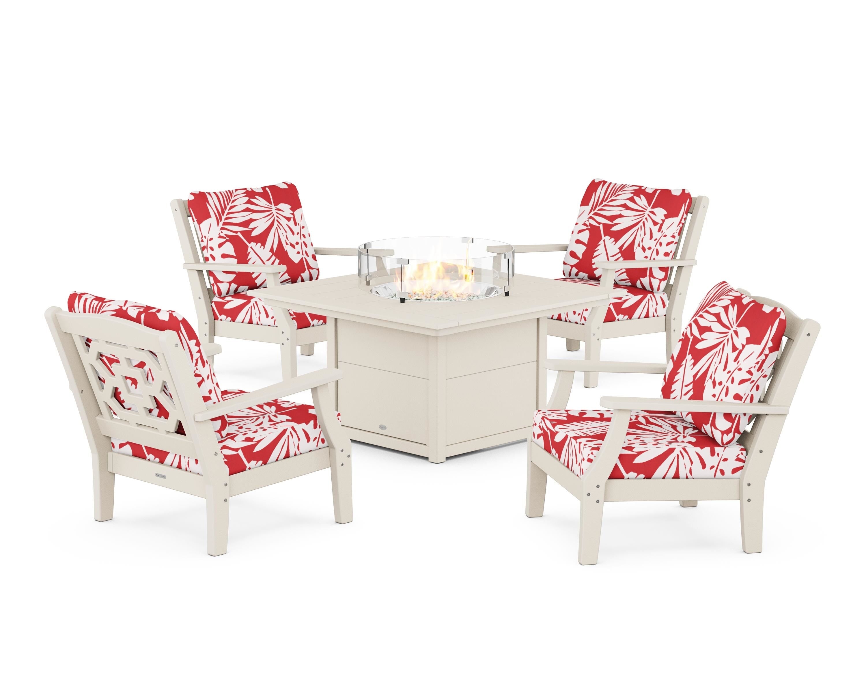 Martha Stewart by POLYWOOD® Chinoiserie 5-Piece Deep Seating Set with Fire Pit Table in Sand / Leaf Crimson