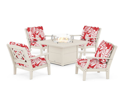Martha Stewart by POLYWOOD® Chinoiserie 5-Piece Deep Seating Set with Fire Pit Table in Sand / Leaf Crimson
