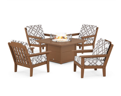 Country Living Cottage 5-Piece Deep Seating Set with Fire Pit Table in Teak / Trellis Grey Mist