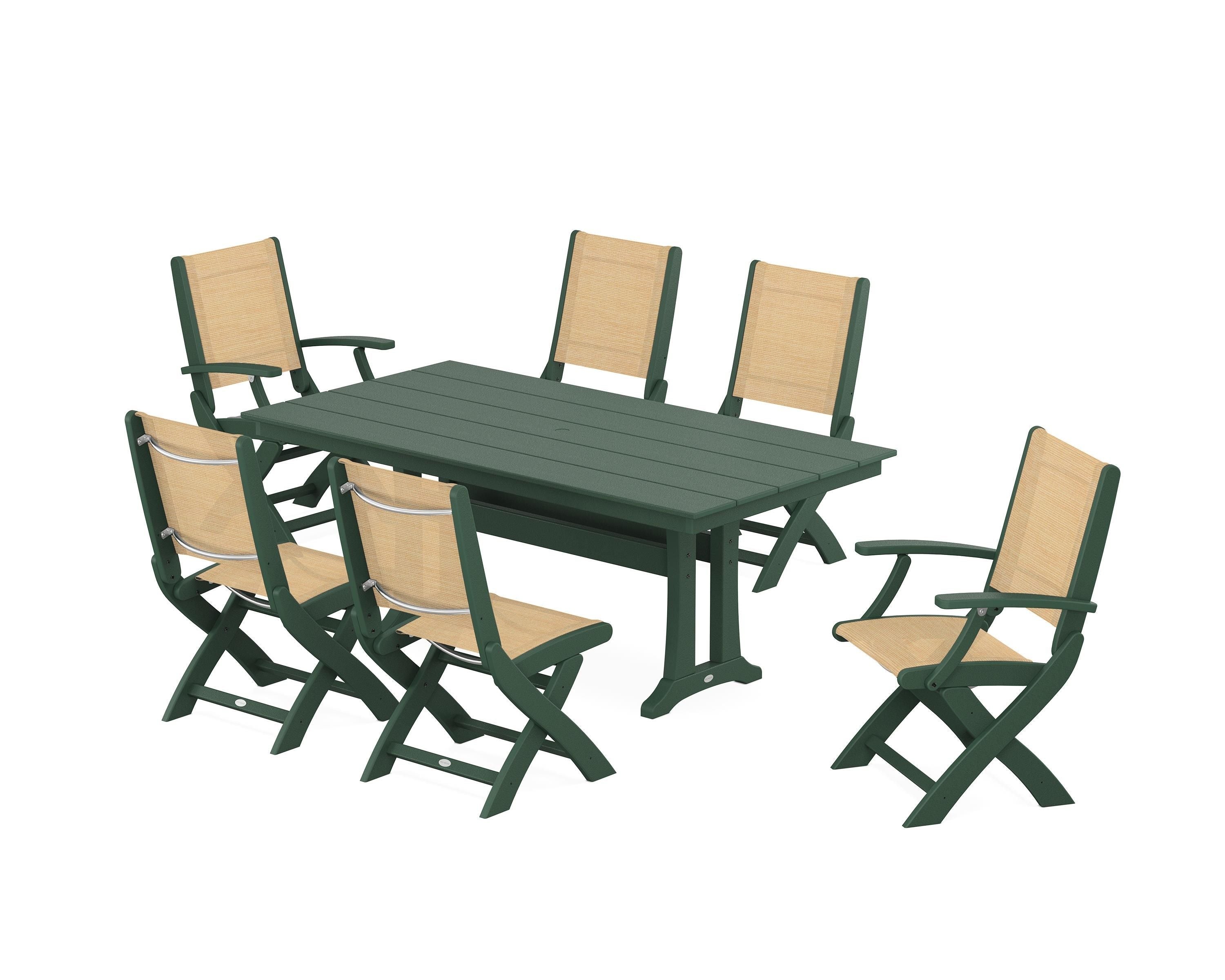 POLYWOOD® Coastal Folding Chair 7-Piece Farmhouse Dining Set with Trestle Legs in Green / Dupioni Apricot Sling