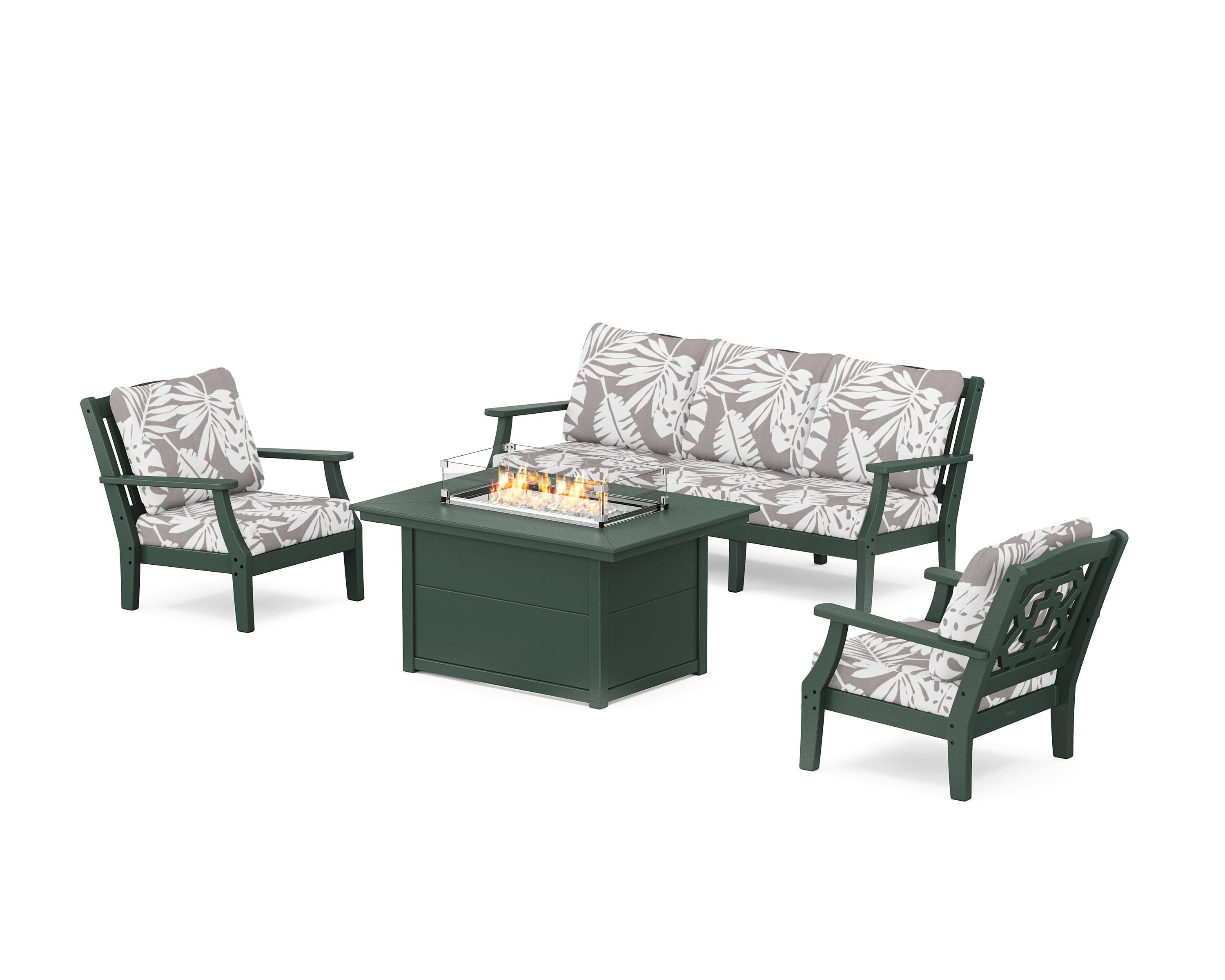 Martha Stewart by POLYWOOD® Chinoiserie Deep Seating Fire Pit Table Set in Green / Leaf Grey Mist