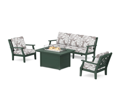 Martha Stewart by POLYWOOD® Chinoiserie Deep Seating Fire Pit Table Set in Green / Leaf Grey Mist