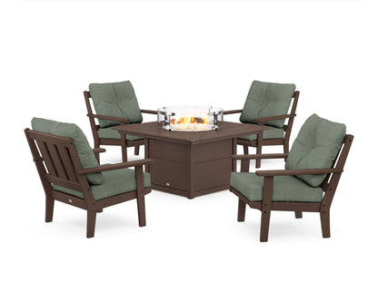POLYWOOD® Oxford 5-Piece Deep Seating Set with Fire Pit Table in Mahogany / Cast Sage