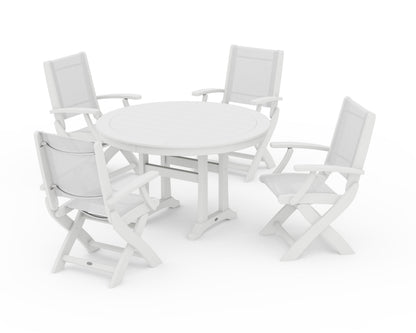 POLYWOOD® Coastal Folding Chair 5-Piece Round Dining Set with Trestle Legs in White / White Sling