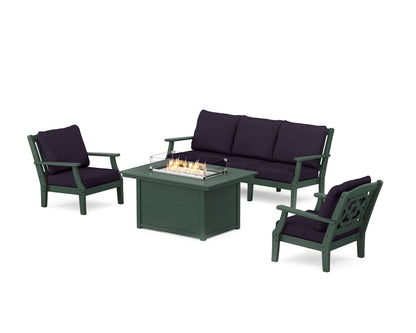 Martha Stewart by POLYWOOD® Chinoiserie Deep Seating Fire Pit Table Set in Green / Navy Linen
