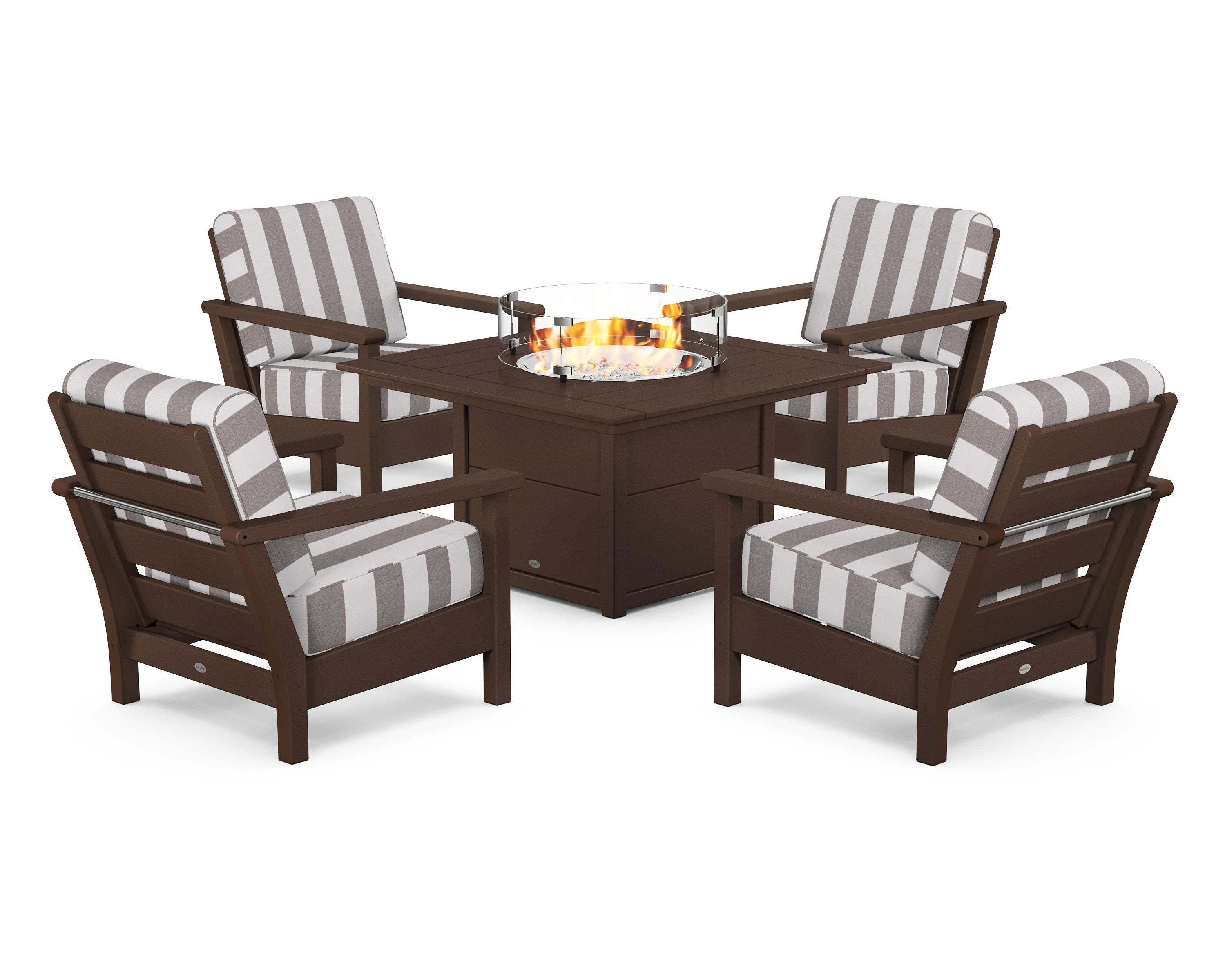 POLYWOOD® Harbour 5-Piece Conversation Set with Fire Pit Table in Mahogany / Cabana Stripe Grey Mist