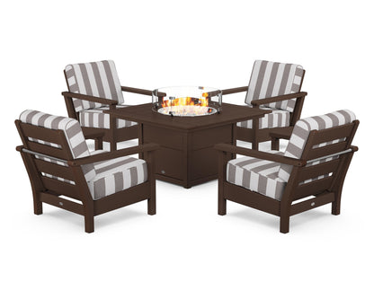 POLYWOOD® Harbour 5-Piece Conversation Set with Fire Pit Table in Mahogany / Cabana Stripe Grey Mist
